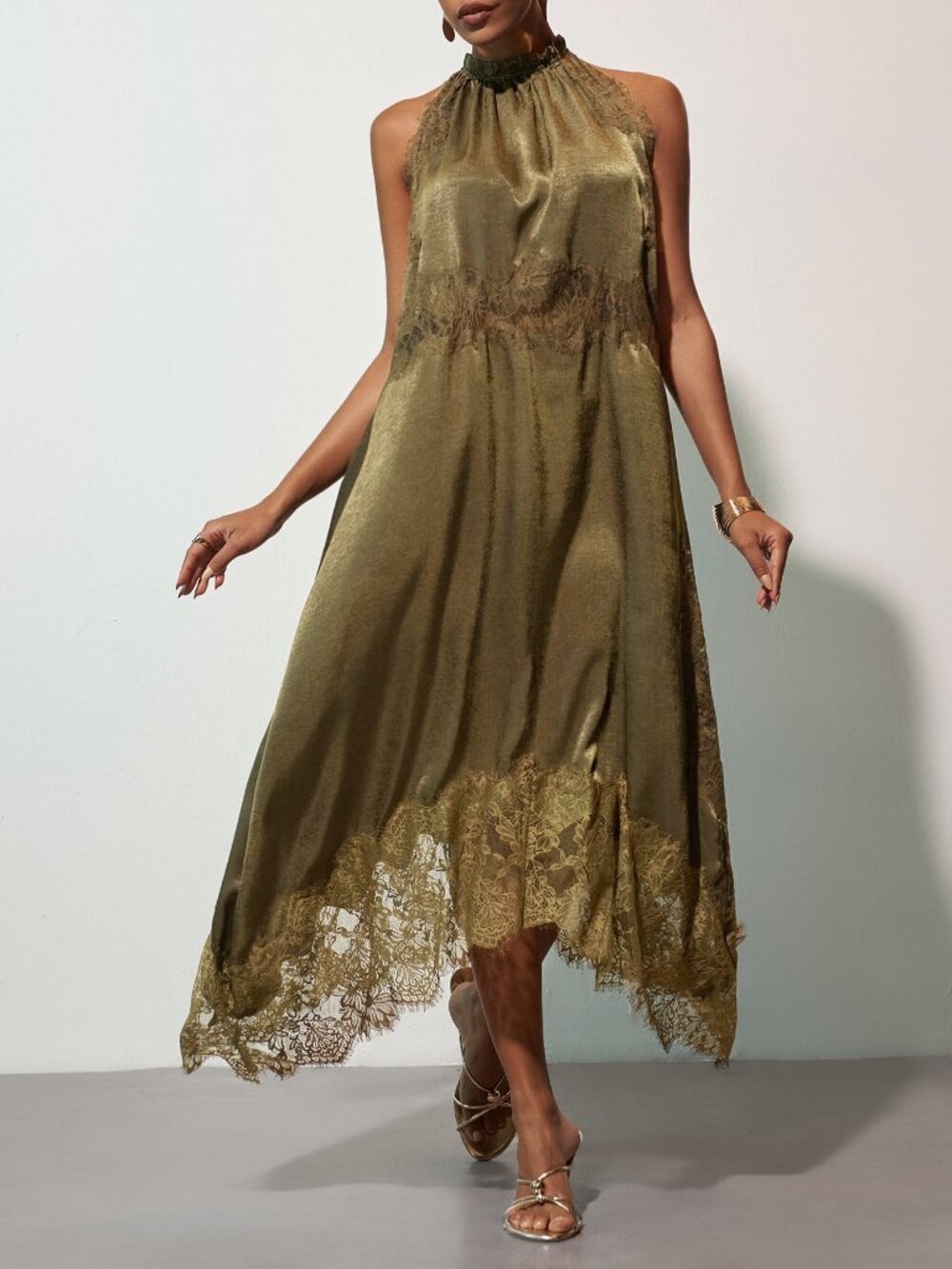 Dark Green Elegant Women's Lace Patchwork Split Hem Dress - Picture 4 of 8